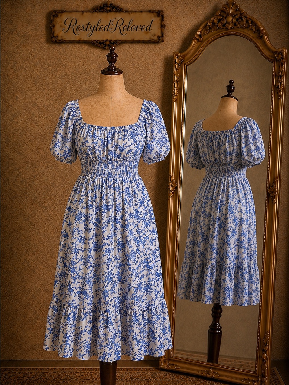 Yesfashion Blue & White Floral Smocked Midi Dress Cottagecore Puff Sleeve Dress